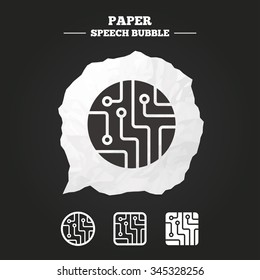 Circuit board icons. Technology scheme circles and squares sign symbols. Paper speech bubble with icon.
