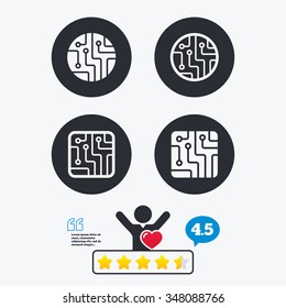 Circuit board icons. Technology scheme circles and squares sign symbols. Star vote ranking. Client like and think bubble. Quotes with message.