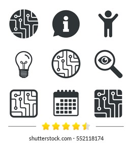 Circuit board icons. Technology scheme circles and squares sign symbols. Information, light bulb and calendar icons. Investigate magnifier. Vector