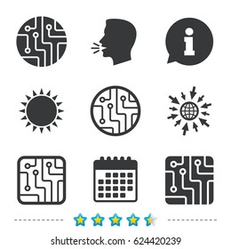 Circuit board icons. Technology scheme circles and squares sign symbols. Information, go to web and calendar icons. Sun and loud speak symbol. Vector