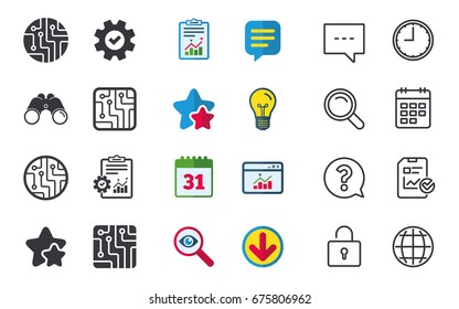Circuit board icons. Technology scheme circles and squares sign symbols. Chat, Report and Calendar signs. Stars, Statistics and Download icons. Question, Clock and Globe. Vector