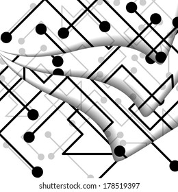 Circuit board illustration, digital composition.