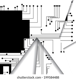 Circuit board illustration, digital composition.
