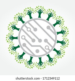 circuit board inside green tree people frame, vector