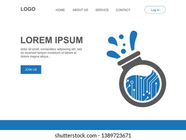 circuit board inside laboratory glassware, vector illustrative landing page template