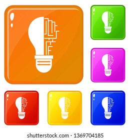 Circuit board inside light bulb icons set collection vector 6 color isolated on white background