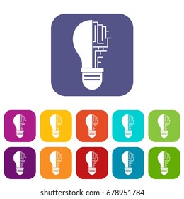 Circuit board inside light bulb icons set vector illustration in flat style In colors red, blue, green and other