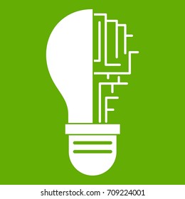 Circuit board inside light bulb icon white isolated on green background. Vector illustration