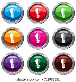 Circuit board inside light bulb set icon isolated on white. 9 icon collection vector illustration