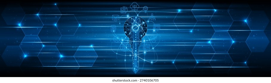 Circuit board key technology. The concept of encryption for cybersecurity and data privacy. Innovative secure technology.