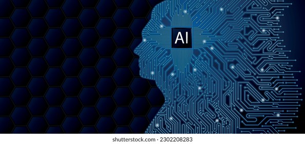 Circuit board in light blue lines and dots with microprocessor with letters AI inside the blue silhouette of a man's head against a background of dark hexagons. Artificial intelligence concept