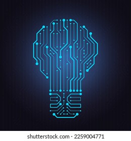 Circuit board light bulb. Tech idea, digital artificial Intelligence thought and computer electronics lamp shape vector symbol. Business invention or innovation, microchip connections