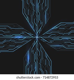 Circuit board with lights on the blue background, abstract technology illustration