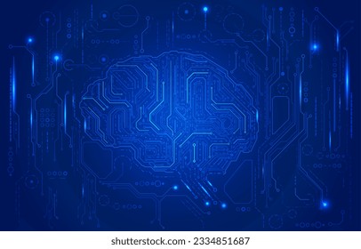 Circuit board line with AI smart brain big data simulation futuristic technology. Artificial intelligence with futuristic learning process template vector concept background.