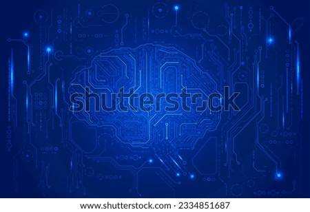 Circuit board line with AI smart brain big data simulation futuristic technology. Artificial intelligence with futuristic learning process template vector concept background.