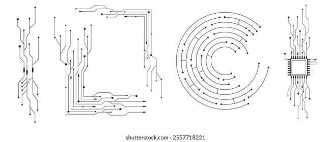 Circuit board line microchip, software. Integrated motherboard, connections. Innovative Electronic Network. Technology background, design elements geometric and connection system.