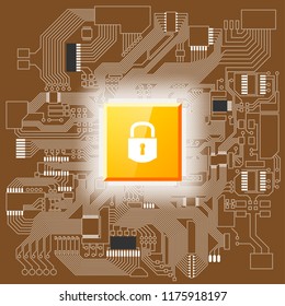 Circuit board, lock icon. Electronic computer hardware processor technology. Motherboard digital chip. Tech science background. Integrated communication processor. Information engineering motherboard