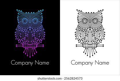 circuit board logo owls with Company Name text on contrasting backgrounds suitable for tech company logos or branding logos.