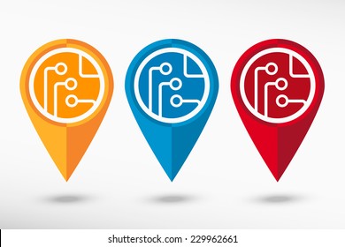 Circuit board map pointer, technology icon. 