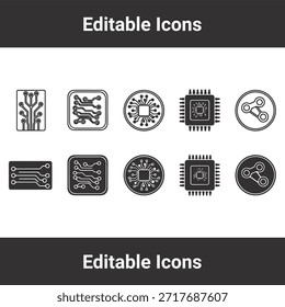 Schaltungsplatine und Mikrochip-Icons mit elektronischem Prozessor und digitalen Hardware-Symbolen