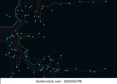 Circuit Board Modern Color Processing Futuristic Element Technology Background. Colorful Abstract PCB Trace Data Transfer Design Vector.