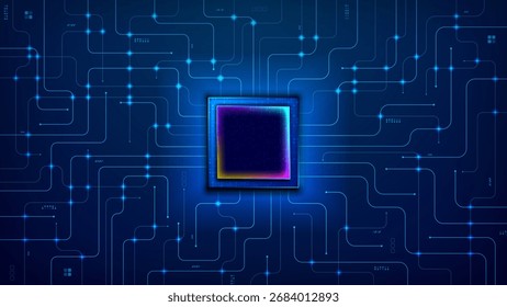 circuit board, motherboard with microprocessor, AI chip, semi conductor with connection paths in blue technology futuristic digital background template   