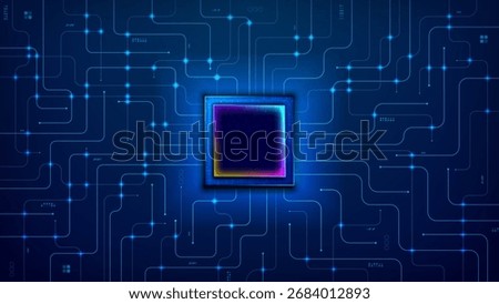 circuit board, motherboard with microprocessor, AI chip, semi conductor with connection paths in blue technology futuristic digital background template   