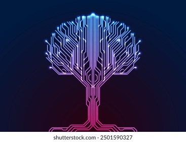 Patrón de líneas de neón de la placa de circuito en la forma del fondo brillante abstracto del árbol. Diseño de Vector púrpura azul de alta tecnología