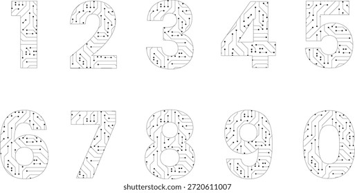 Números de placa de circuito definidos. Dígitos 1, 2, 3, 4, 5, 6, 7, 8, 9, 0 símbolos matemáticos. Os dez números de um a zero. Ilustração isolada sobre fundo branco