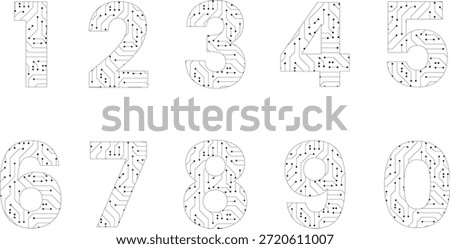 Circuit board numbers set. Digit 1, 2, 3, 4, 5, 6, 7, 8, 9, 0 mathematics symbols. The ten numbers from one to zero. Isolated illustration on white background