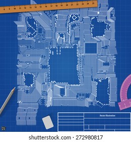 Circuit board on a blueprint background