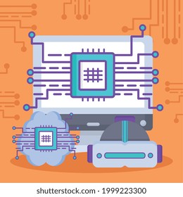 Circuit board on computer and icon set