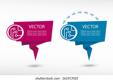 Circuit board on origami paper speech bubble or web banner, prints. Vector illustration