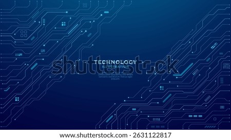 Circuit board on technology dark blue background. Abstract digital tech bg. Electronics and computer technology concept. Chip and circuit board. Chip connectors illustration. Digital vector web banner