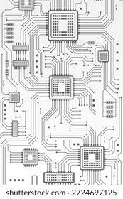 The circuit board, on a vertical white background, features a symmetrical layout with technical components connected