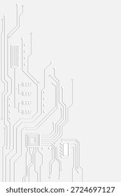 The circuit board, on a vertical white background, features a symmetrical layout with technical components connected