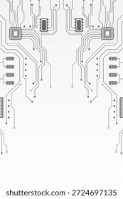 The circuit board, on a vertical white background, features a symmetrical layout with technical components connected