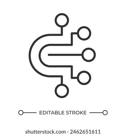 Lineares Symbol für den Leiterplattenpfad. Netzwerkknoten. Informationstechnologie. Digitales Netzwerk. Computertechnik. Dünne Linien-Illustration. Kontursymbol Umrisszeichnung der Vektorgrafik. Bearbeitbarer Strich