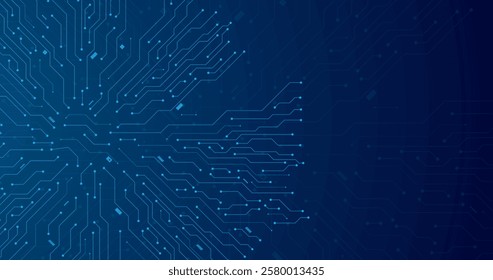 circuit board path wires connection lines with dots in blue background banner template