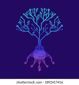 Circuit Board Pattern in Form of a Tree With Roots Formed With Chip. Futuristic Tech Tree