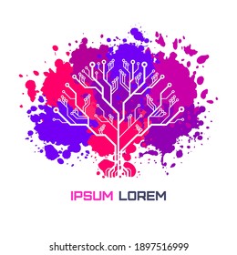 Circuit Board Pattern in Form of a Tree. over paint splashes isolated on white background.