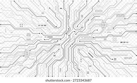 Patrón de placa de circuito con intrincadas líneas digitales y conexiones electrónicas. Fondo blanco de la tecnología con Elementos de diseño de la placa base y detalles futuristas del circuito. Ilustración vectorial digital