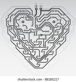 Circuit board pattern in the shape of the heart. Illustration. Vector.