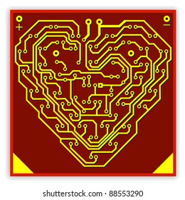 Circuit board pattern in the shape of the heart. Illustration. Vector.