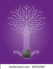 Circuit board pattern in the shape of the tree with chip processor root,Vector illustration