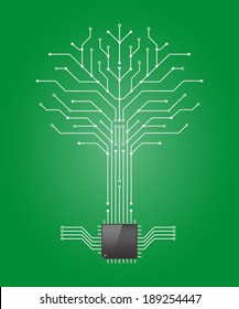 Circuit board pattern in the shape of the tree with chip processor root,Vetor illustration