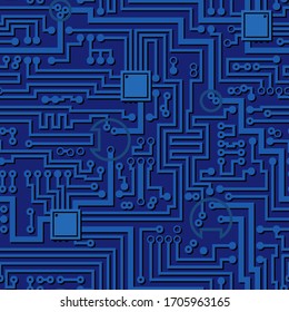 Circuit Board Pattern. Vector Hi Tech Computer Chip Seamless Electronic Simple Blue Background