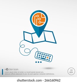 Circuit board and pin on the map. Line icons for application development, creative process.