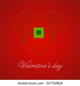 Circuit board with processor in the form of heart. Happy Valentines Day.Vector illustration. Eps 10