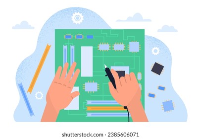 Concepto de reparación de placas de circuitos. Repairman corrige problemas con el ordenador y el pc. Especialista técnico con parte de gadget o dispositivo. Dibujo vectorial plano de dibujos animados aislado en fondo blanco